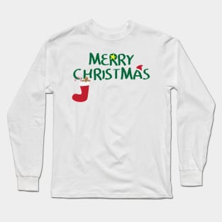 Merry Christmas logo with santa hat, Yellow star, red sock, gingerbread man cookie and Red and white striped candy Long Sleeve T-Shirt